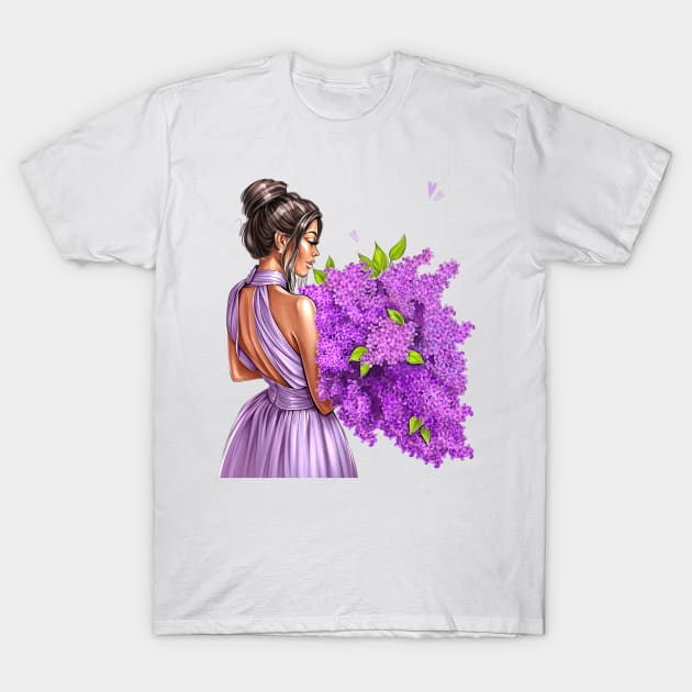 Brunette Lilac Flowers T-Shirt by AllessyArt 